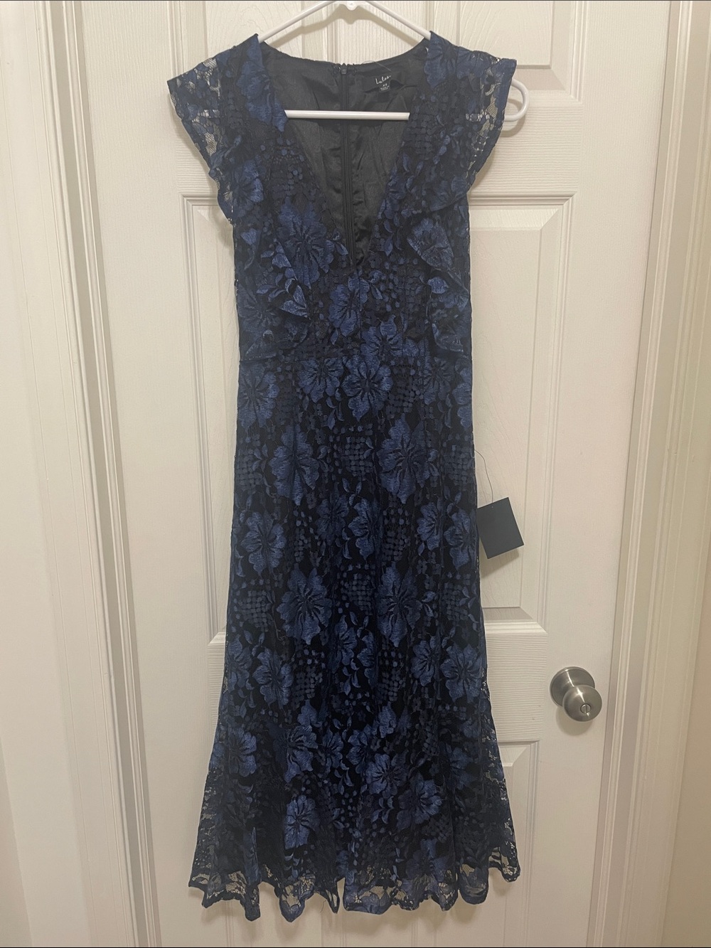 Lulu's Navy Blue Floral Lace Midi Dress with Ruffle V-Neck